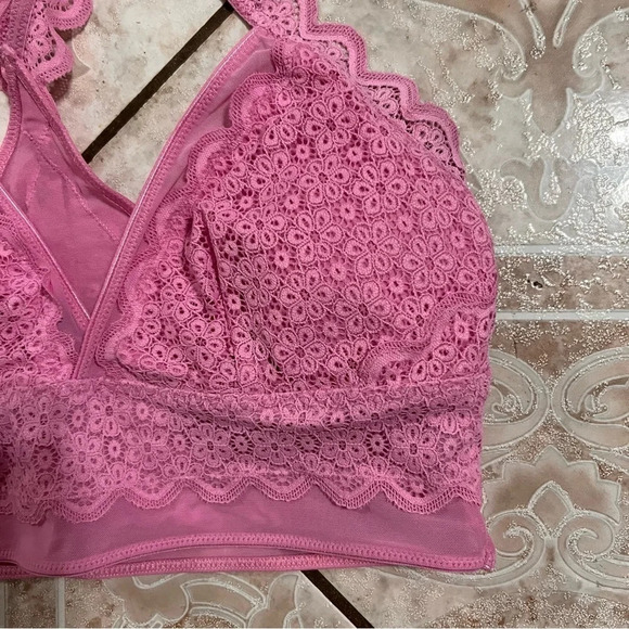 AE Aerie Pink Lace Wireless Bralette Pink Floral Crop Top Sheer Mesh Medium - Picture 2 of 6